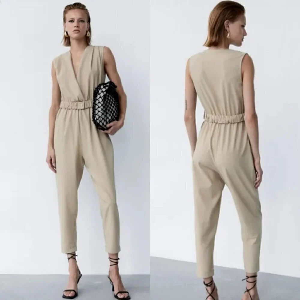 New Zara Textured Linen Blend V-Neck Sleeveless Belted Tan Jumpsuit NWT Small